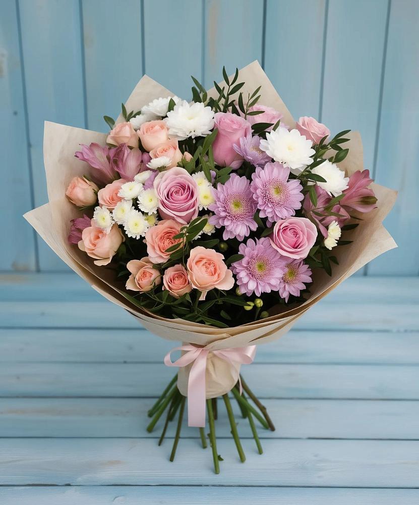 Букет цветов из: Хризантемы, Розы и Альстромерии в Каменке Воронежской области