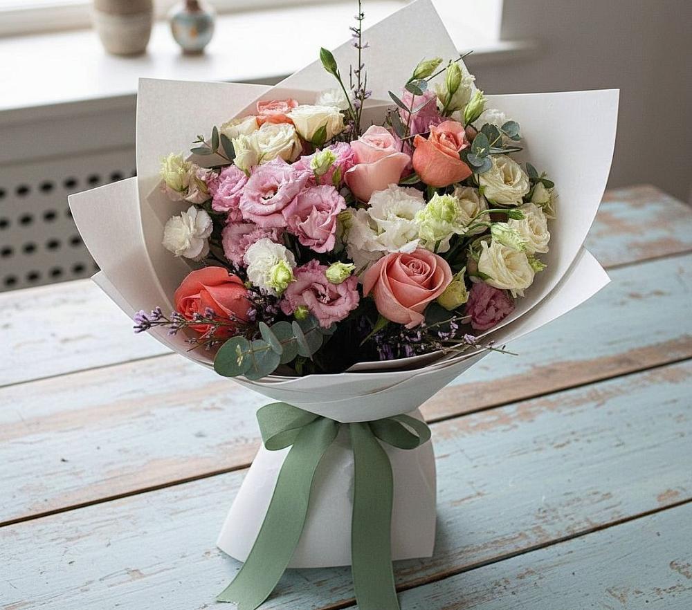 Букет цветов из: Розы, Лизиантусы и Гвоздики в Каменке Воронежской области