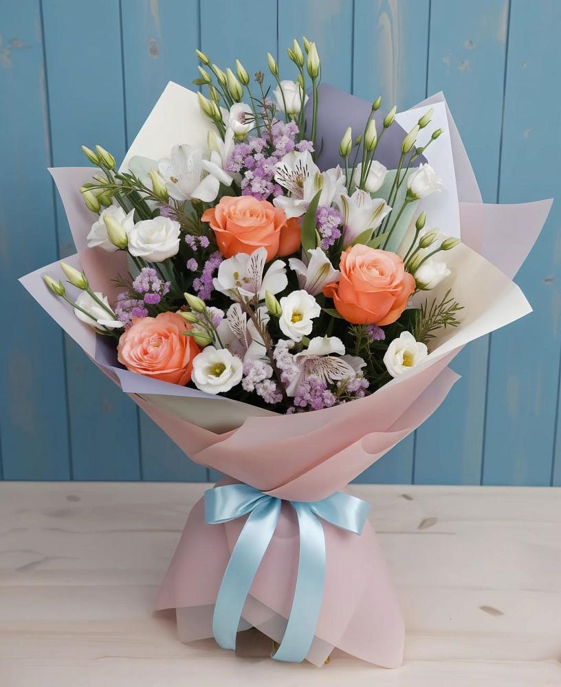 Букет цветов из: Лизиантусы, Розы, Альстромерии и Гипсофила в Каменке Воронежской области