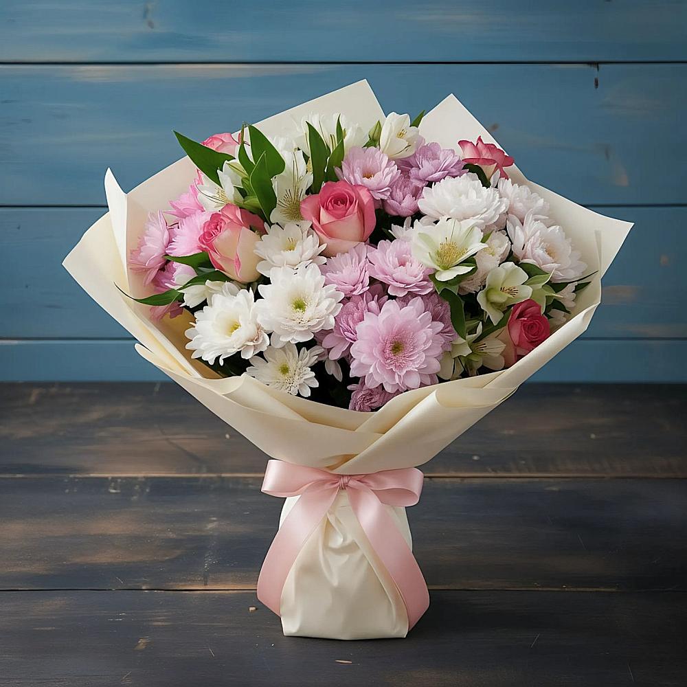 Букет цветов из: Хризантемы, Альстромерии и Розы в Каменке Воронежской области